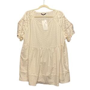 BloomChic Eyelet Lace Babydoll Tunic Top Cream Short Sleeve Plus Size 18-20